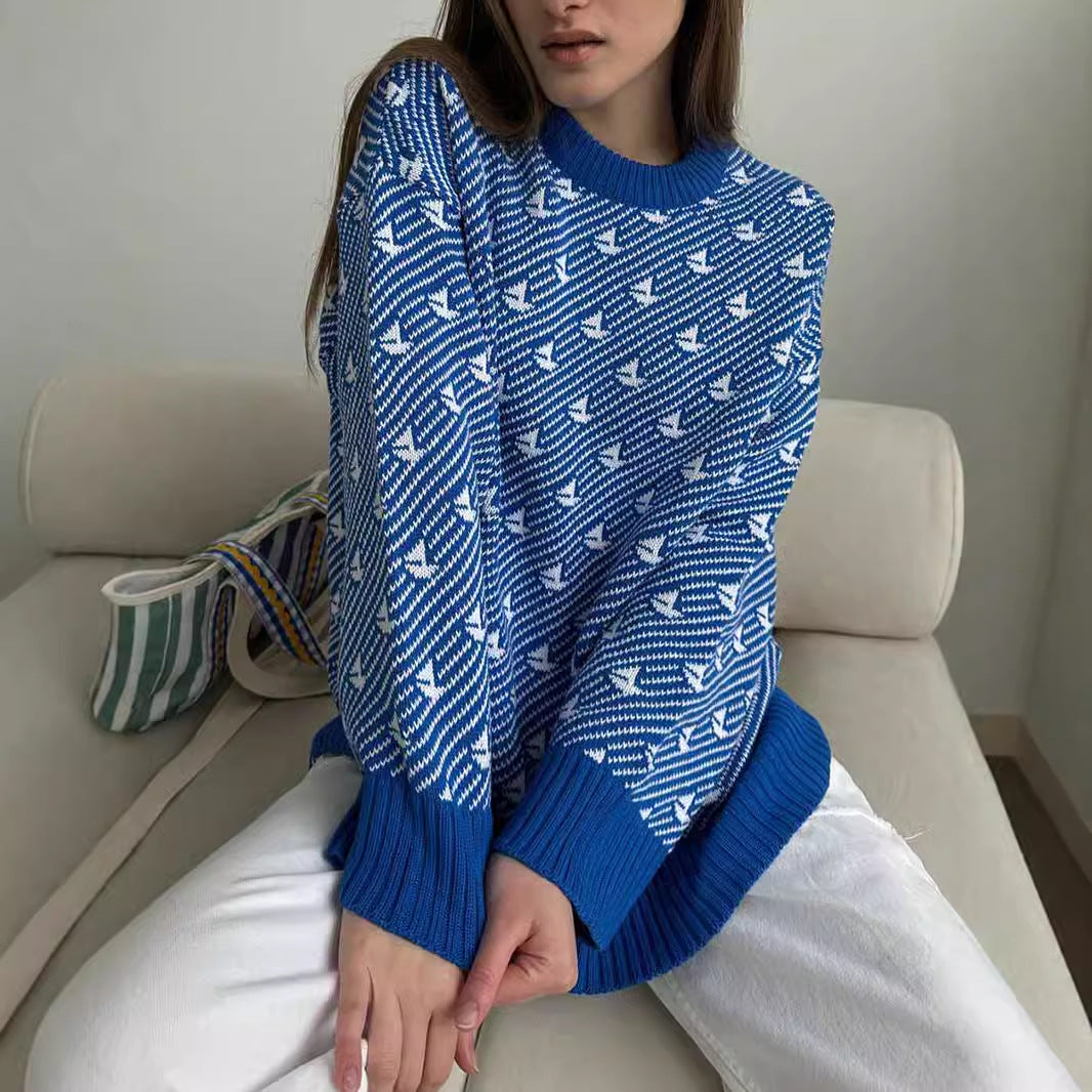 Damen Gemusterter Oversized Pullover aus hochwertiger Baumwolle Drune