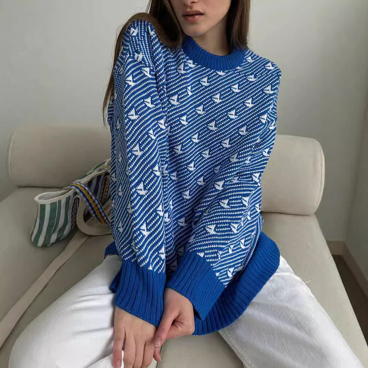 Damen Gemusterter Oversized Pullover aus hochwertiger Baumwolle Drune