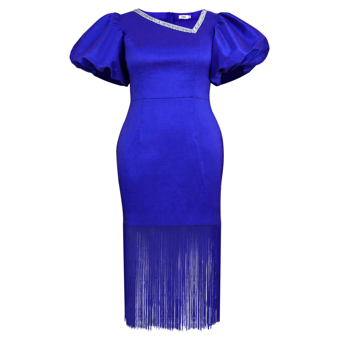 Damen Glamouröses Abendkleid mit voluminösen Puffärmeln und Fransen Saum Drune