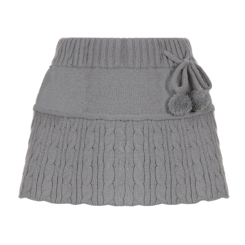 Damen gestrickter Minirock mit dekorativen Pompons und elastischem Bund Drune