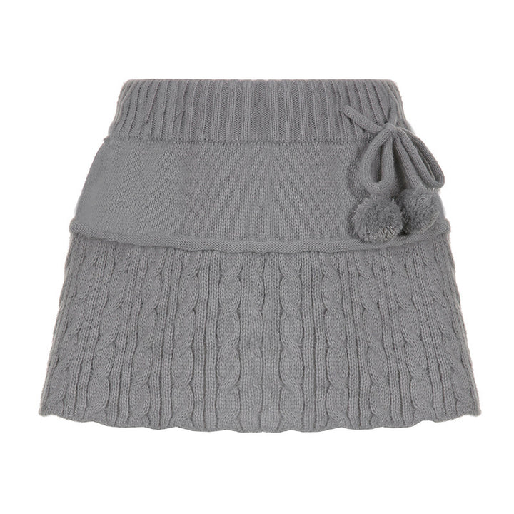 Damen gestrickter Minirock mit dekorativen Pompons und elastischem Bund Drune