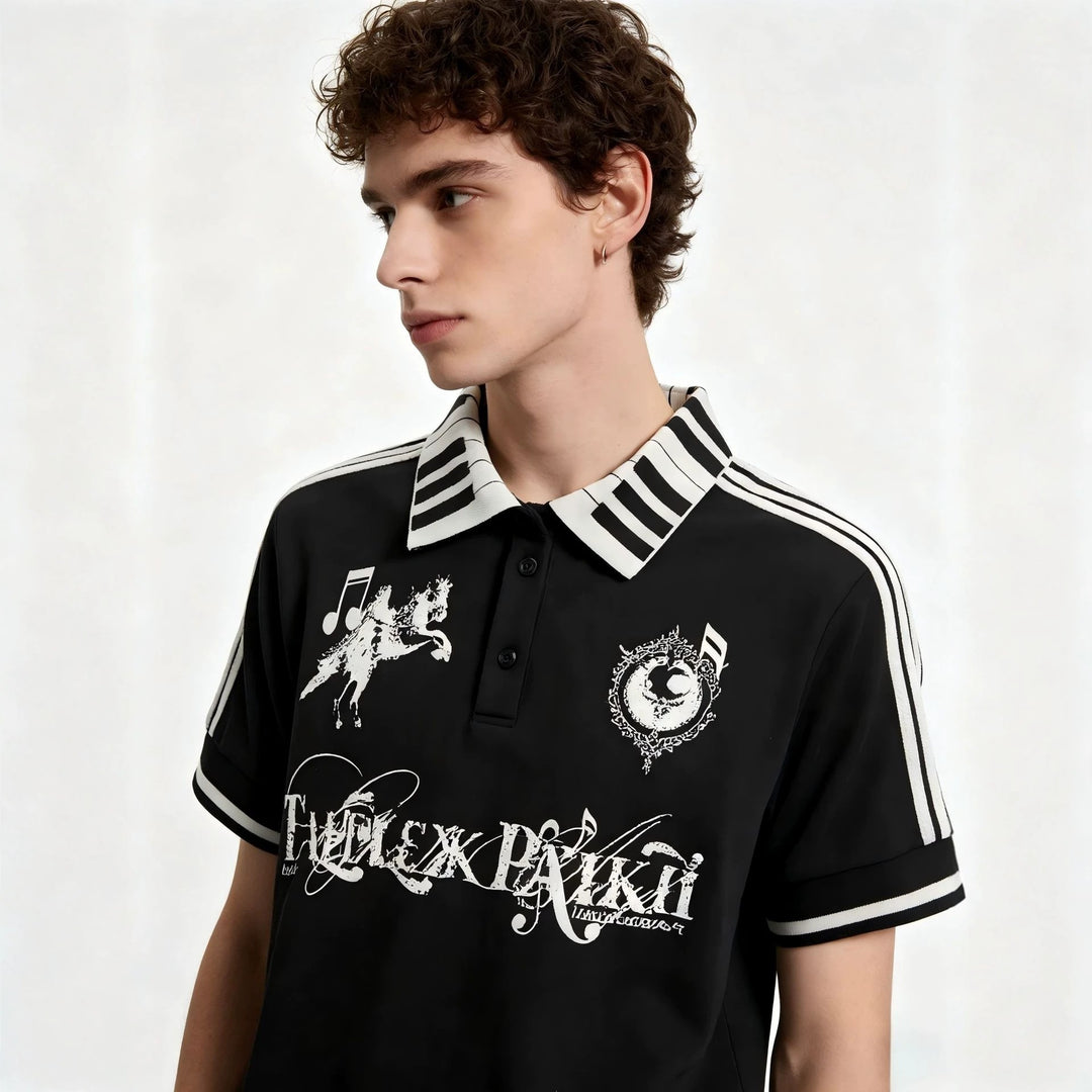 Damen Poloshirt mit kreativem Druck und Streifenmuster Drune