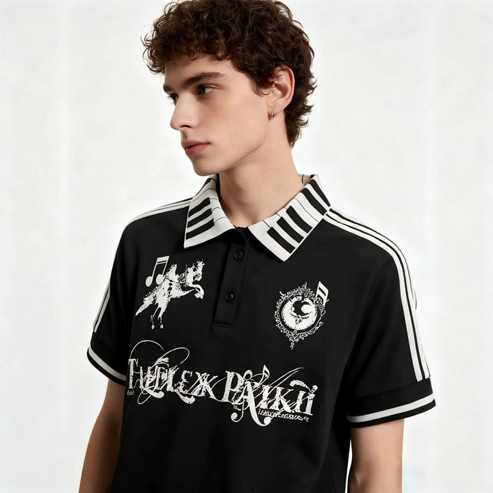 Damen Poloshirt mit kreativem Druck und Streifenmuster Drune
