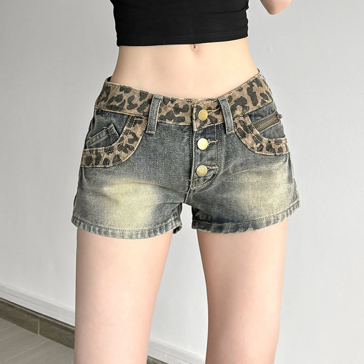Damen Shorts im modischen Leopardenmuster mit dekorativen Knopfdetails Drune