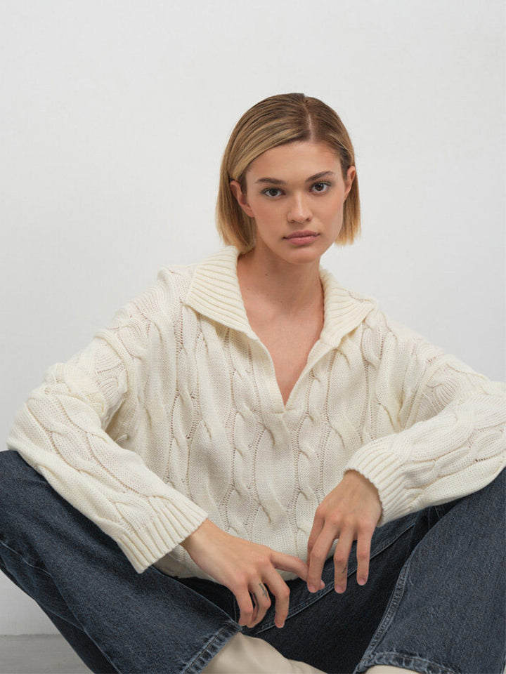 Damen Hoher Kragen Strickpullover mit Zopfmuster Drune