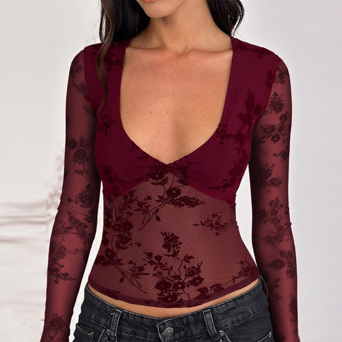 Damen transparente Spitzenbluse mit V-Ausschnitt und langen Ärmeln Drune
