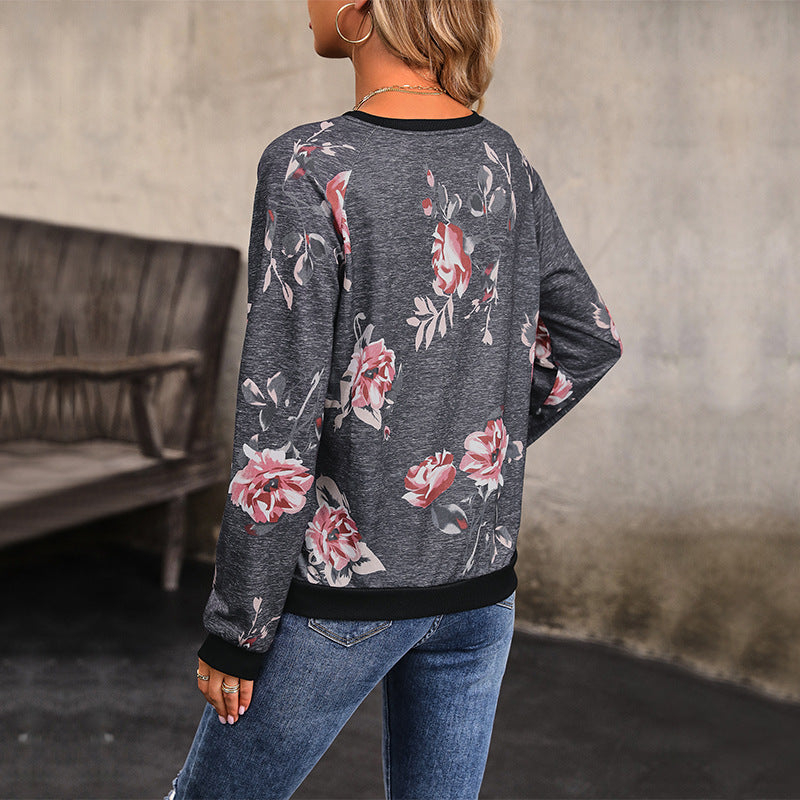 Damen Sweatshirt mit Blumenmuster und Knopfdetails Drune