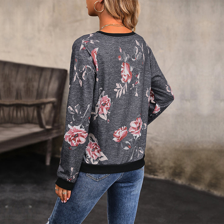 Damen Sweatshirt mit Blumenmuster und Knopfdetails Drune