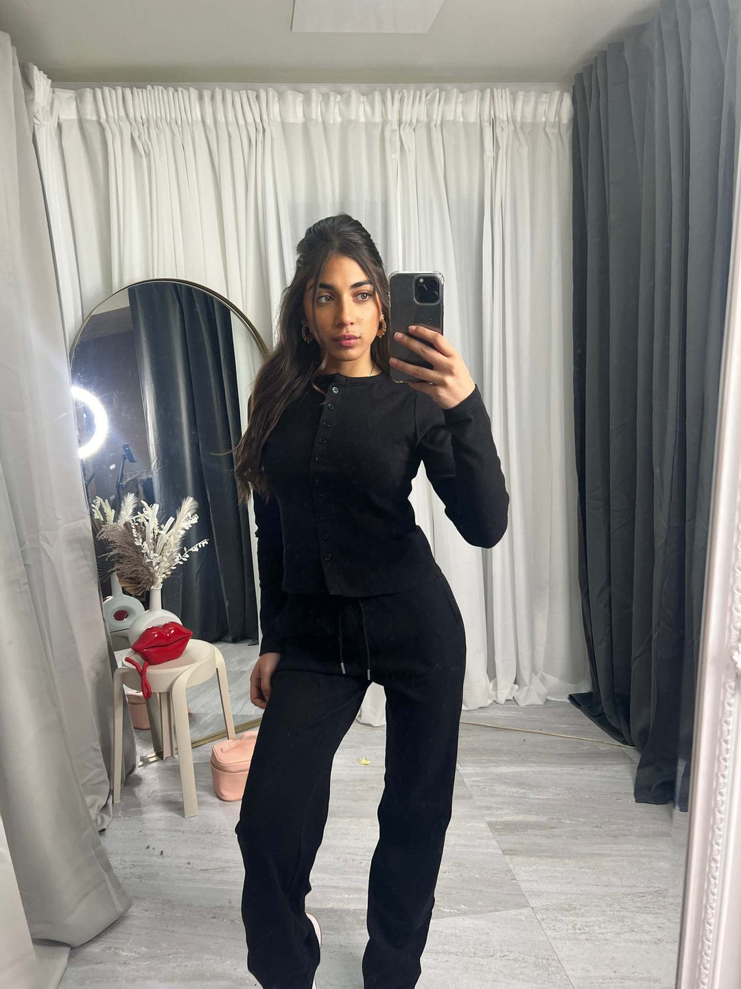Damen kuscheliges Strick-Loungewear-Set mit Knopfleiste Drune