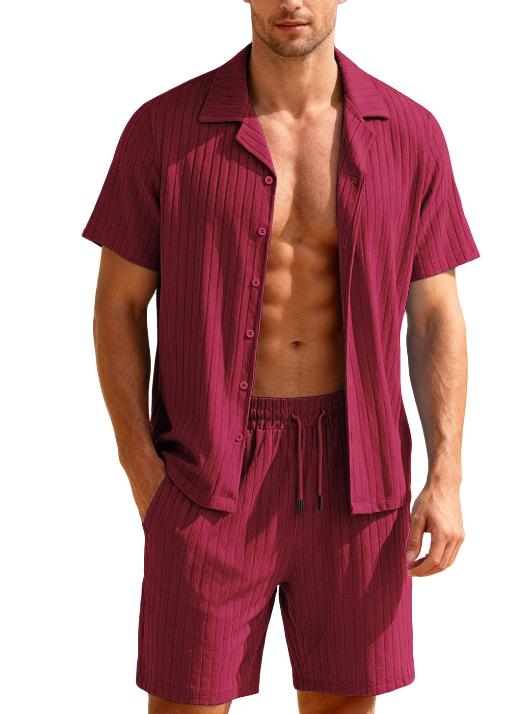 Herren nan geripptes Feinstrick-Lounge-Set mit kurzärmligem Revershemd und Kordelshorts Drune