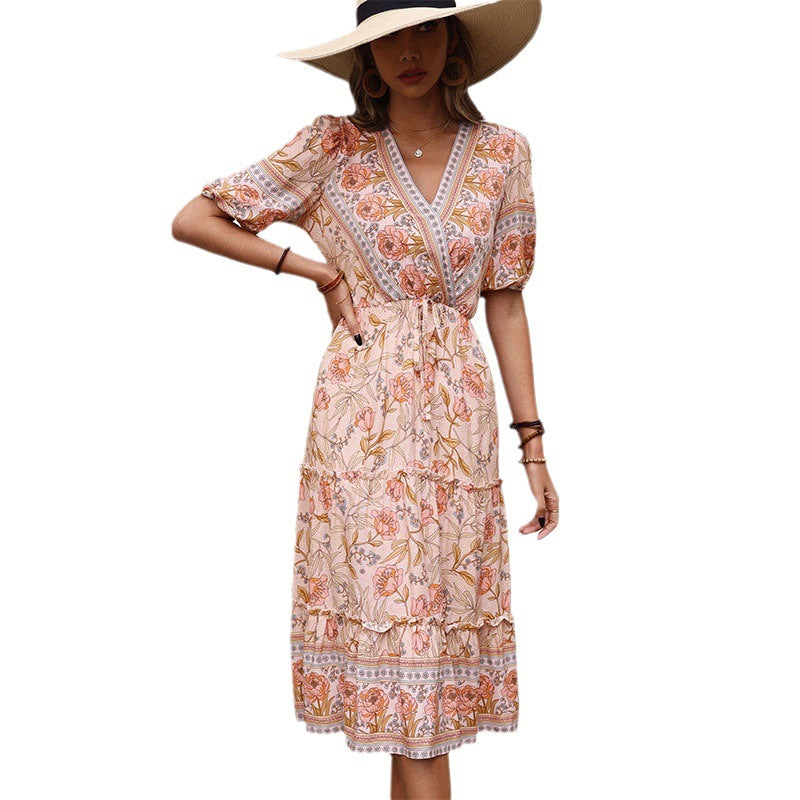 Damen Maxikleid mit floralen Mustern und Rüschen Drune