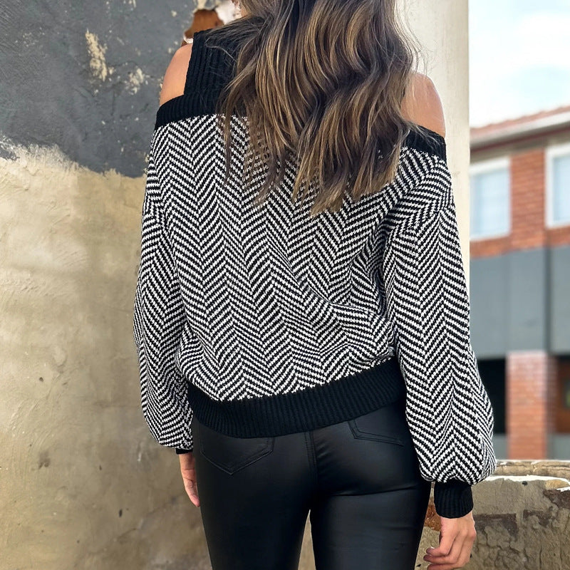 Damen trendiger Pullover mit Schulterauschnitt und modernem Zickzackmuster Drune