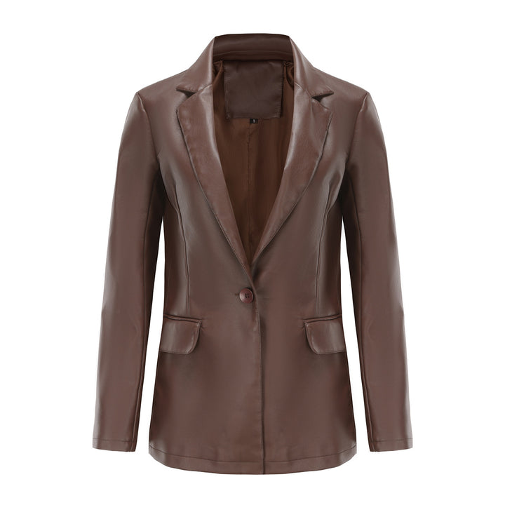 Damen nan taillierter Blazer aus Kunstleder mit Reverskragen und Pattentaschen Drune