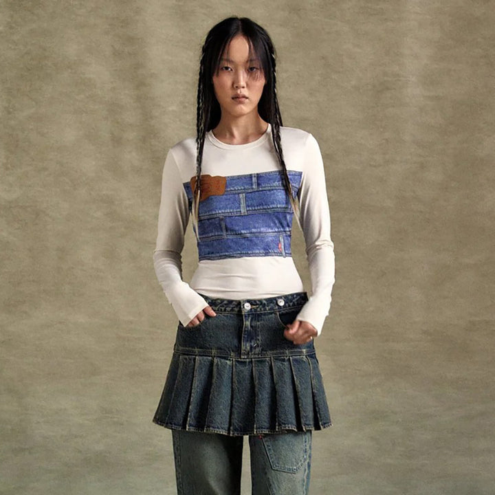 Damen Langarmshirt mit kreativem Denim-Druck und figurbetontem Schnitt Drune