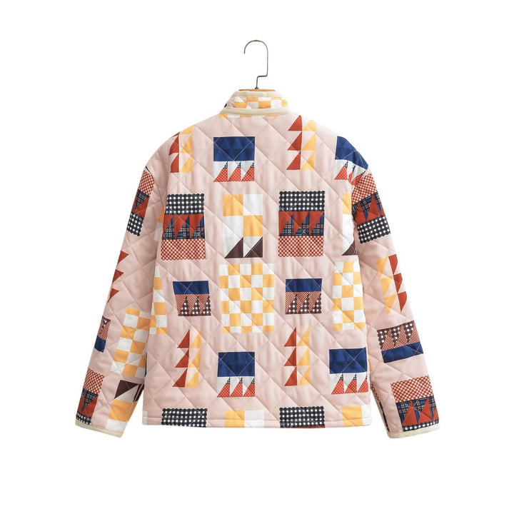 Damen gesteppte Übergangsjacke mit buntem Patchwork-Muster und großen Taschen Drune