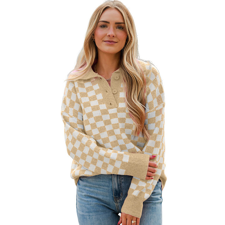 Damen gemütlicher Sweatpullover mit Karomuster und Knopfdetail Drune