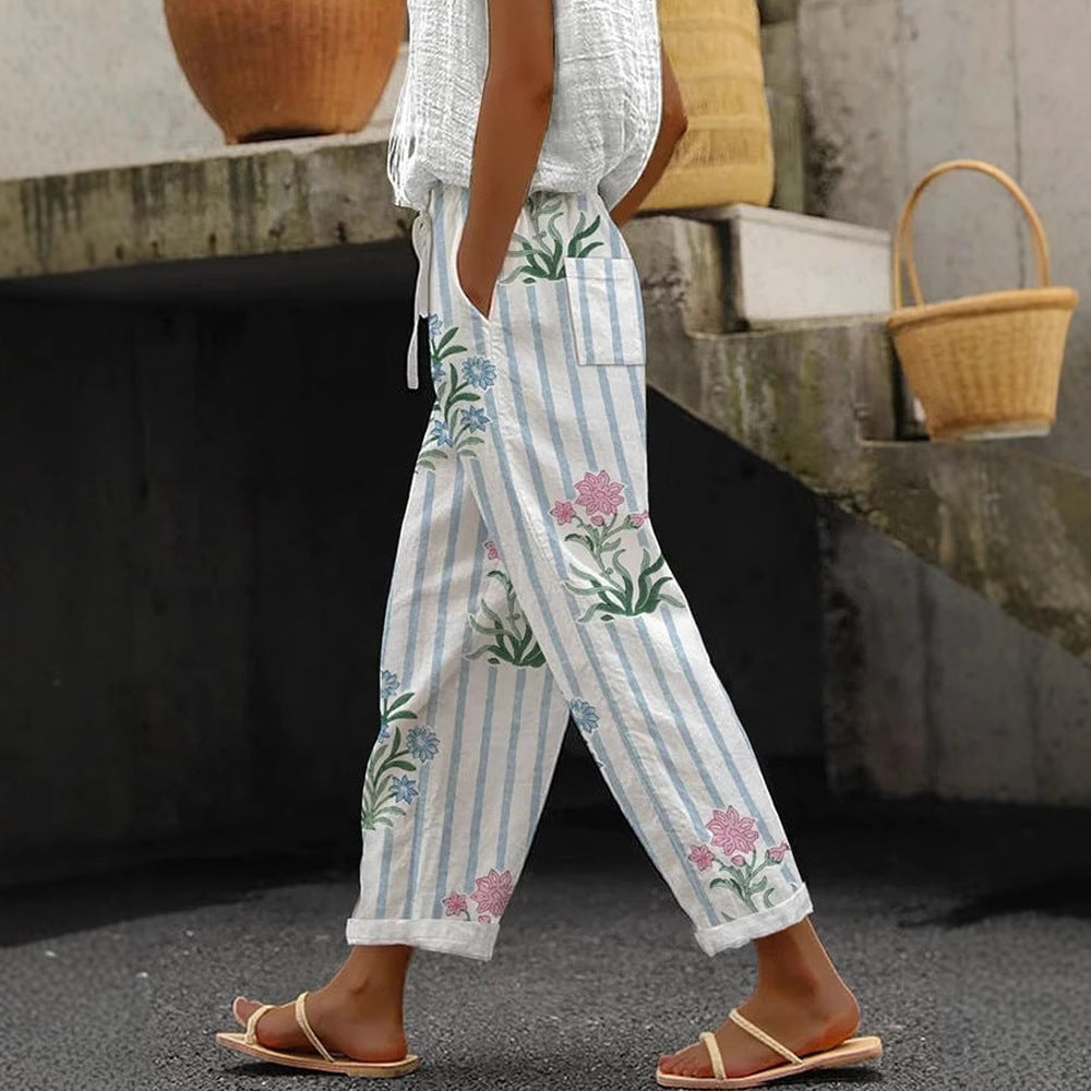 Damen Weite Leinenhose mit Streifenmuster Drune