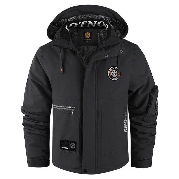 Herren nan winddichte gefütterte Fieldjacke mit Kapuze und multifunktionalen Reißverschlusstaschen Drune