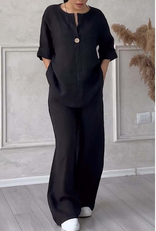 Damen nan lässiges Leinen-Relax-Set mit weiter Hose und Hemdbluse Drune