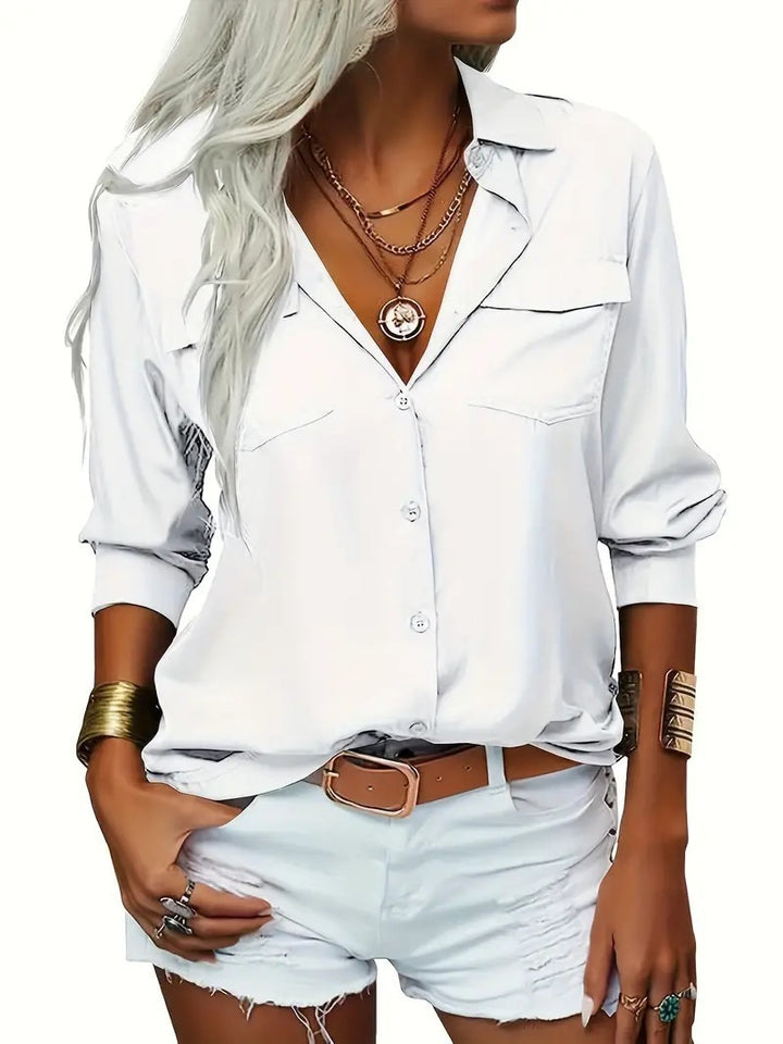 Damen nan leichte V-Ausschnitt Chiffonbluse mit Brusttaschen und geknöpftem Frontverschluss Drune