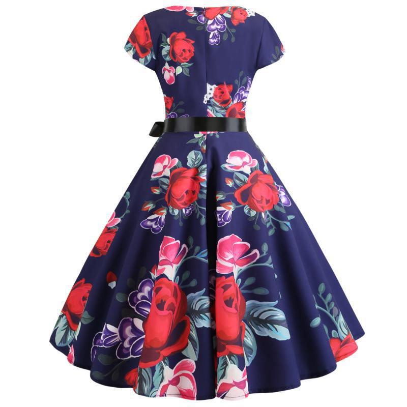 Damen Midikleid mit floralen Mustern und schwingendem Rock Drune
