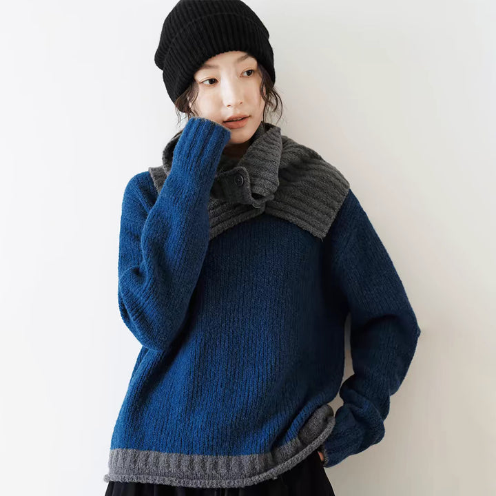 Damen grob gestrickter Pullover mit asymmetrischem Kragen und innovativer Knopfdetail Drune
