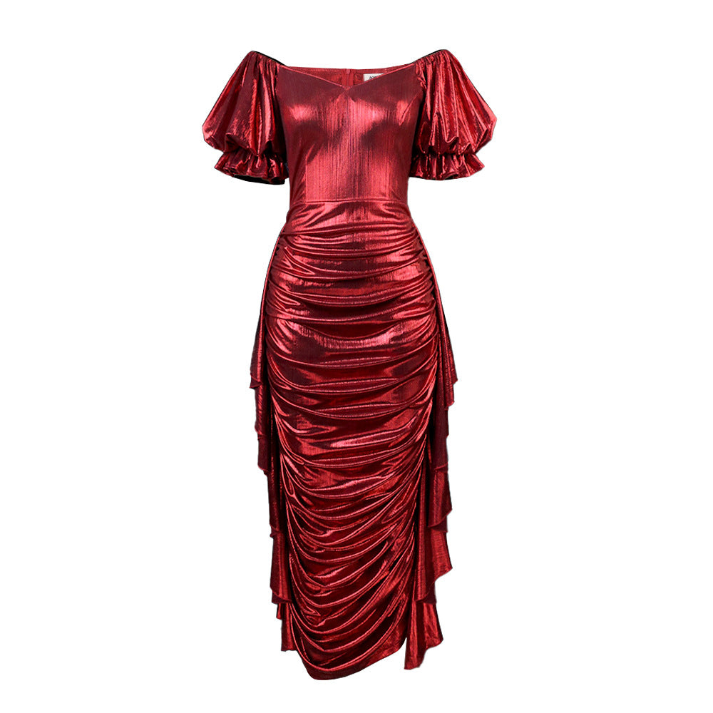 Damen elegantes Kleid mit voluminösen Ballonärmeln und asymmetrischem Saum Drune