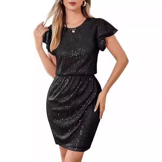 Damen Pailletten Cocktailkleid mit voluminösen Rüschenärmeln Drune