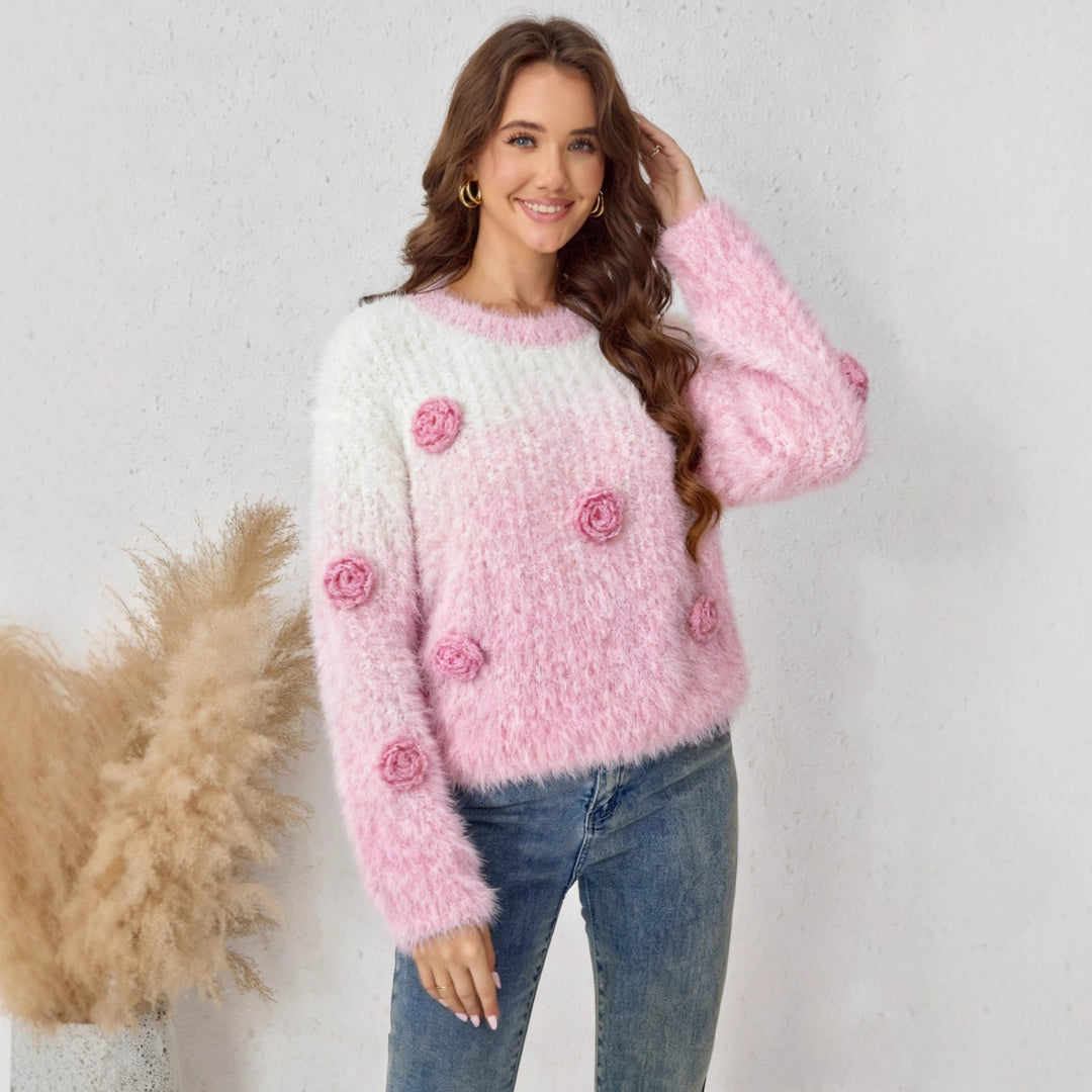 Damen Fluffiger Strickpullover mit floralem Design Drune