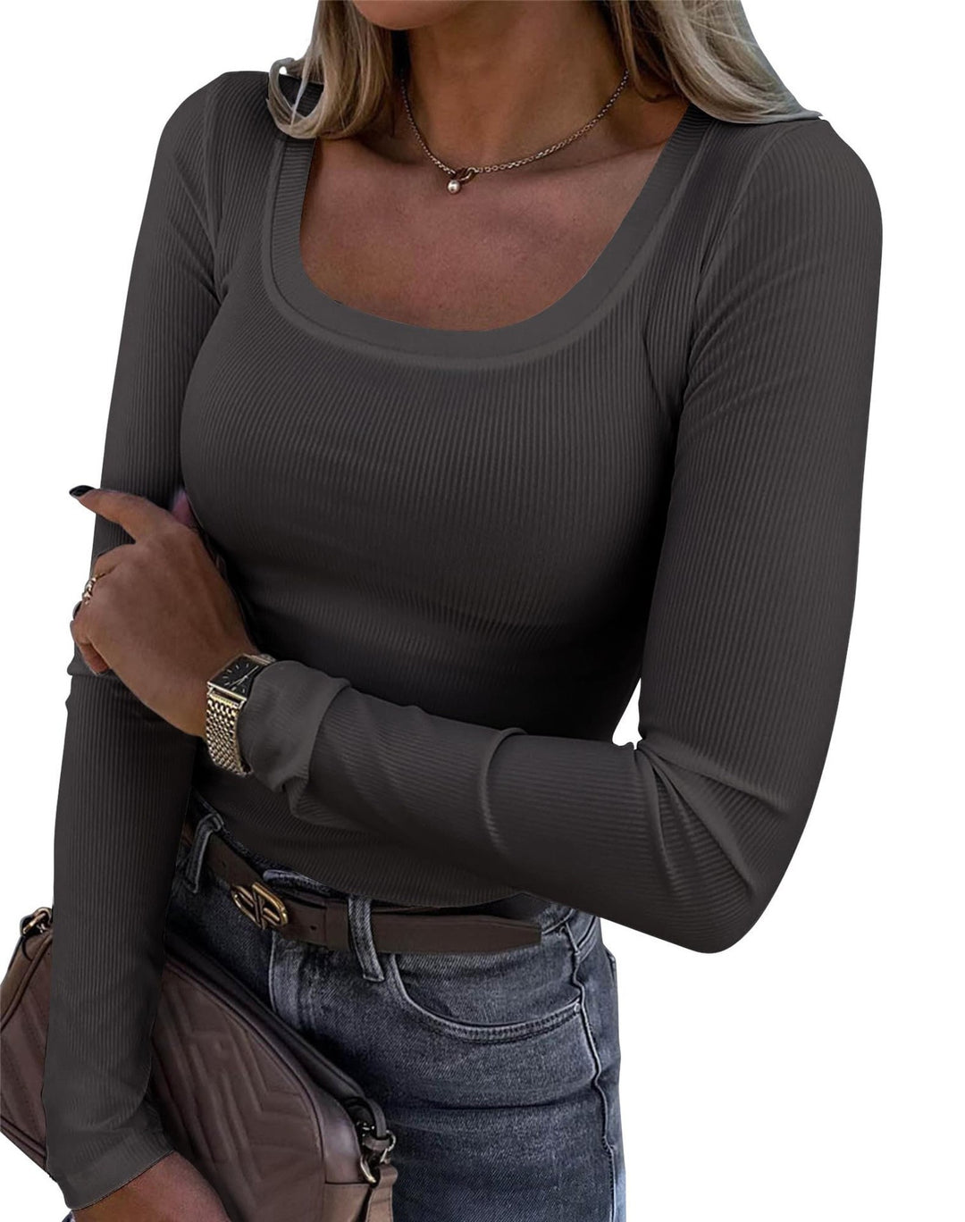 Damen Langarm Ripp-T-Shirt mit elegantem U-Boot-Ausschnitt Drune