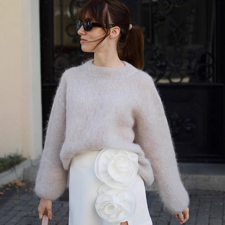 Damen lässiger Strickpullover mit voluminösen Ärmeln und hochwertiger Mohair-Optik Drune