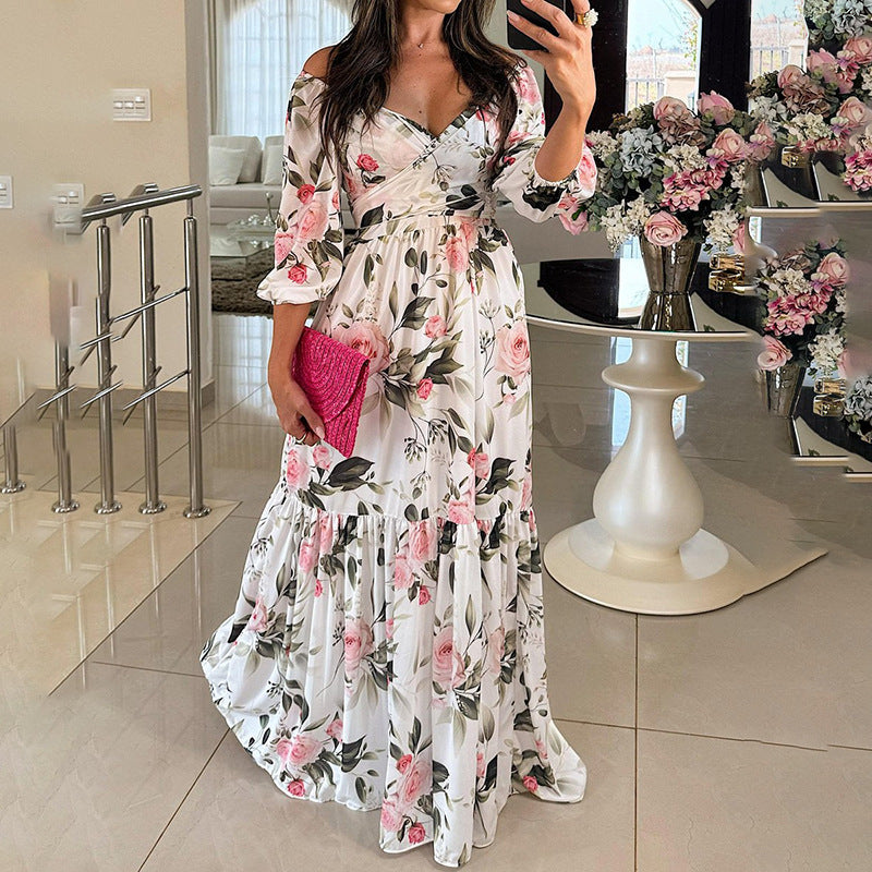 Damen Florales Maxikleid mit schulterfreiem Design und Rüschensaum Drune