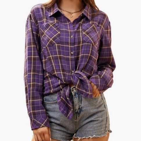 Damen karierte Flanellbluse mit Knoten-Detail Drune
