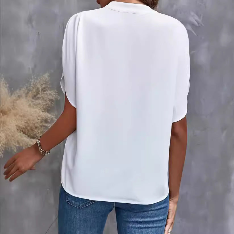 Damen elegante Bluse mit halben Ärmeln und modernem Stehkragen Drune