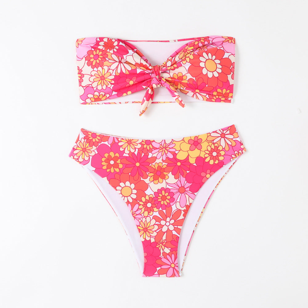 Damen Bandeau Bikini mit modischem Blumenmuster und verspieltem Knotendetail Drune
