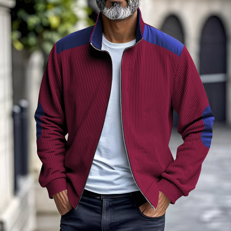Herren nan gerippte Stehkragen-Sweatjacke mit durchgehendem Reißverschluss, Schulter- und Ellbogen-Patches Drune