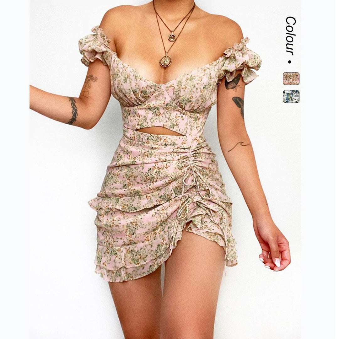 Damen Minikleid mit schulterfreiem Design und floralem Rüschensaum Drune