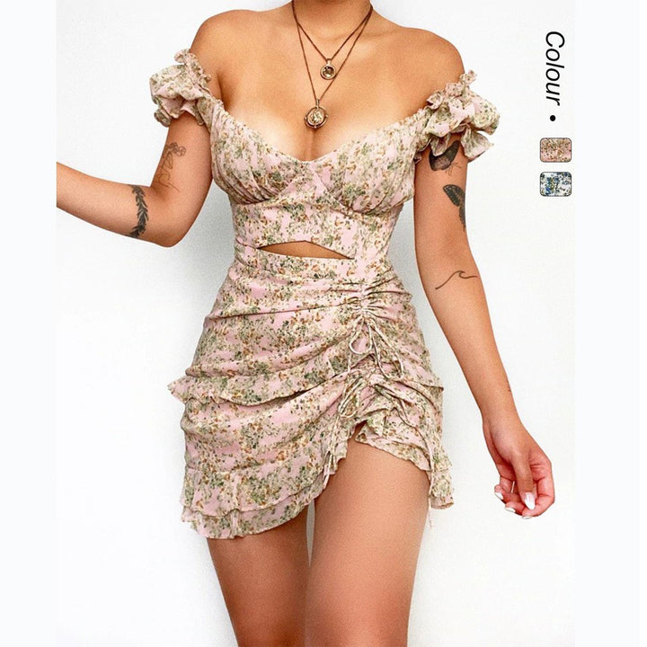 Damen Minikleid mit schulterfreiem Design und floralem Rüschensaum Drune