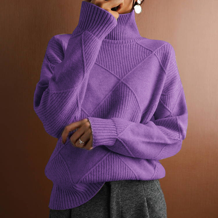 Damen nan weit geschnittener Strickpullover mit hohem Rollkragen und Rautenmuster Drune