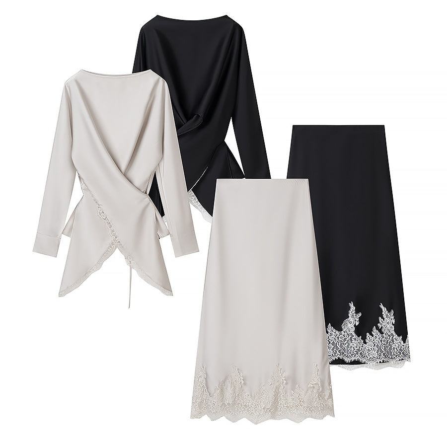 Damen elegante Wickelbluse mit Spitzenbesatz und passendem Rock Drune