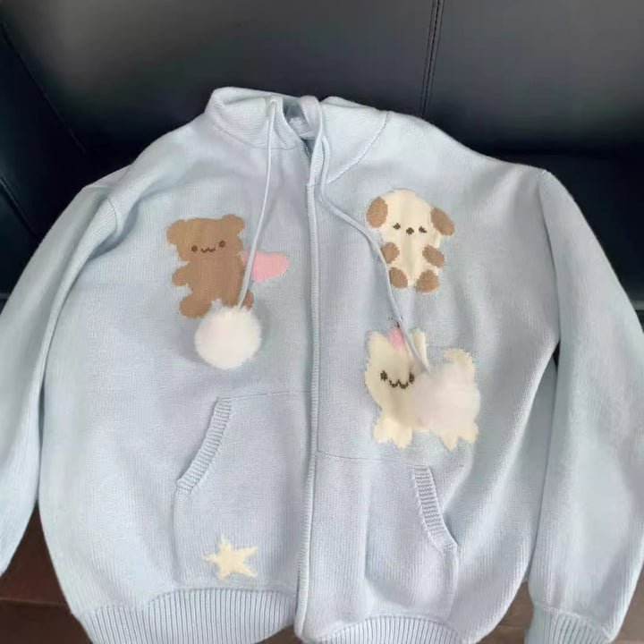 Damen Kapuzenjacke mit verspielten Tiermotiven und Pompoms Drune
