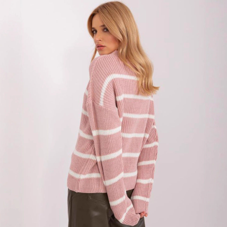 Damen Grobstrickpullover mit lässigem Streifenmuster und rundem Halsausschnitt Drune