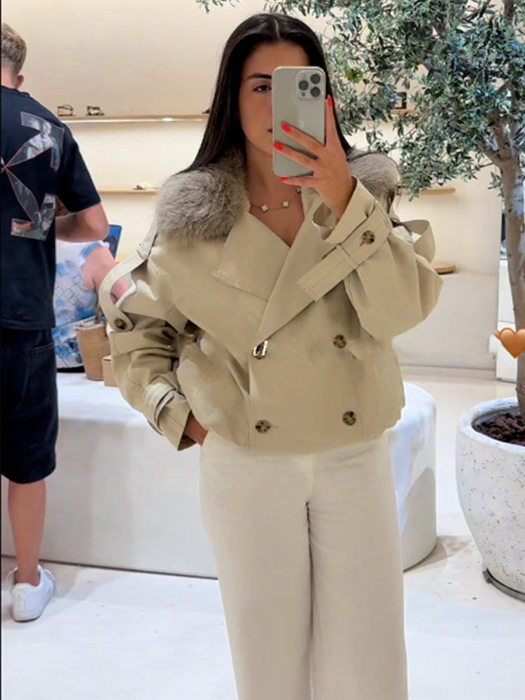 Damen elegante Übergangsjacke mit luxuriösen Fellkragen Drune