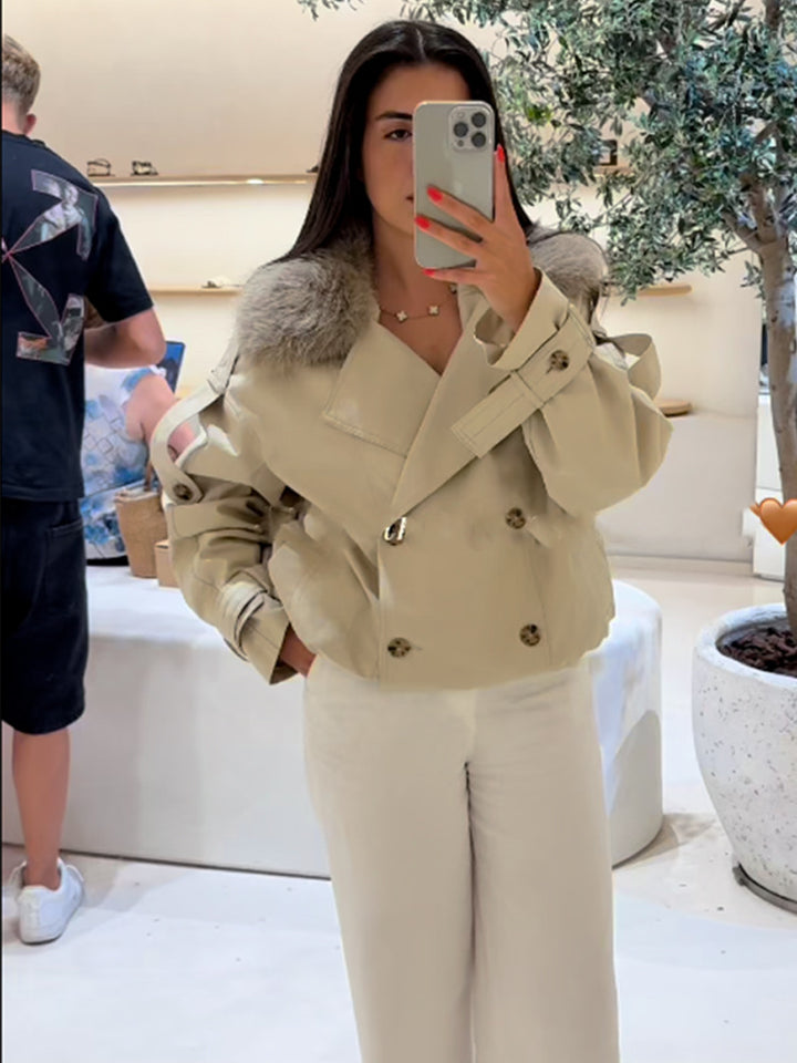 Damen elegante Übergangsjacke mit luxuriösen Fellkragen Drune