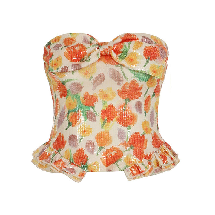 Damen Bustier-Top mit floralem Glitzerdesign und Rüschensaum Drune