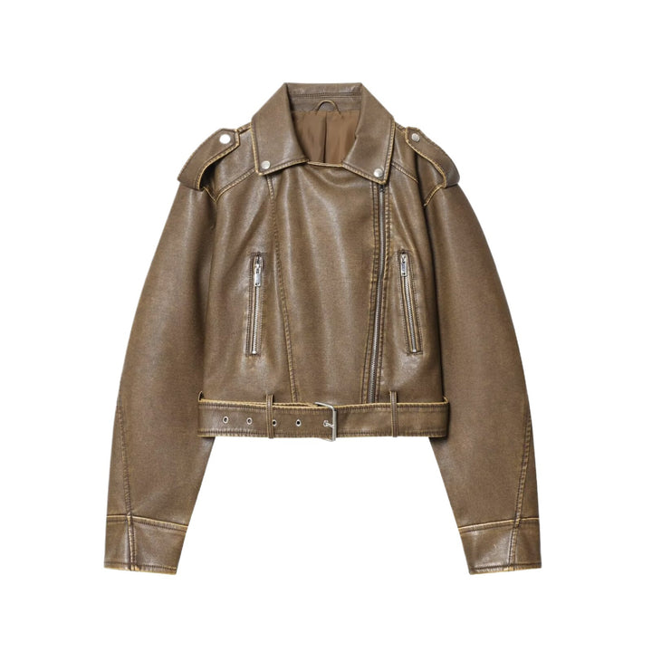 Damen modische Bikerjacke im Vintage-Look mit Taillengürtel und Reißverschlusstaschen Drune