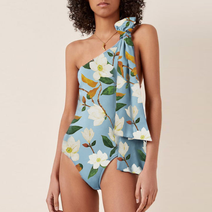Damen Einseitiger Badeanzug mit floralem Design und elegantem Schleifen-Detail Drune