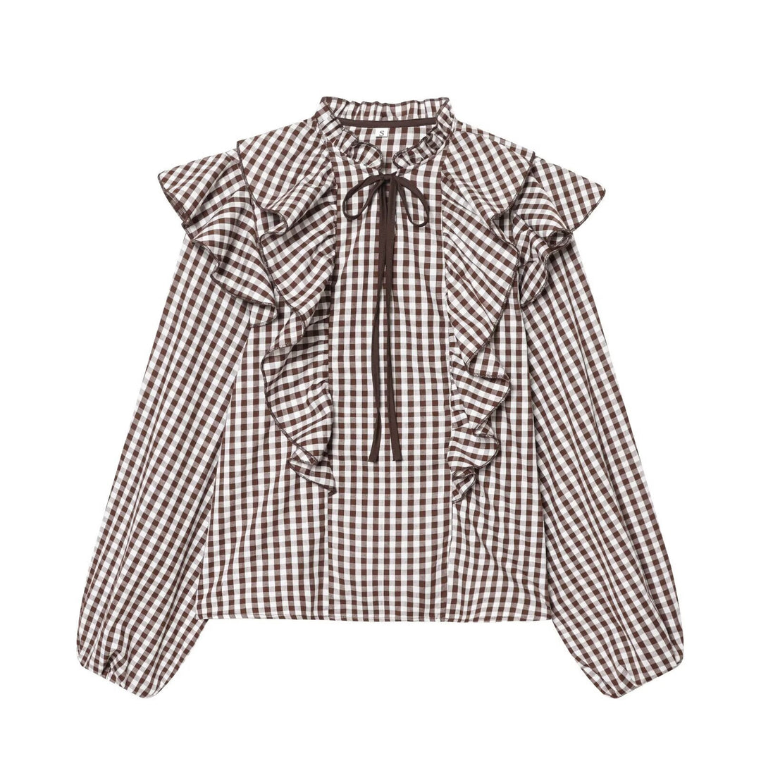 Damen Rüschenshirt mit klassischen Karomuster und eleganten Bindebändern Drune