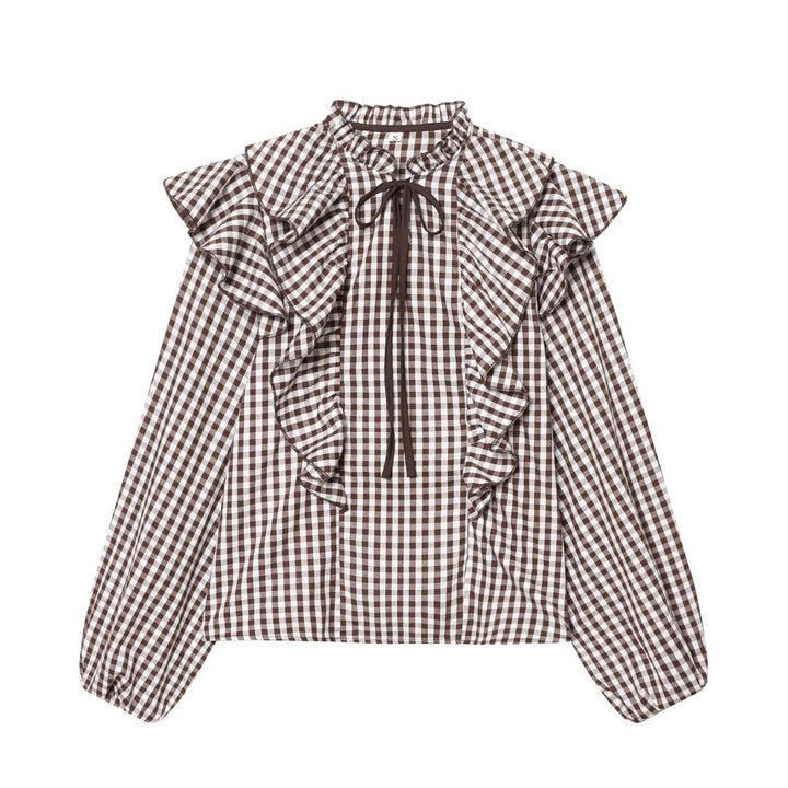 Damen Rüschenshirt mit klassischen Karomuster und eleganten Bindebändern Drune