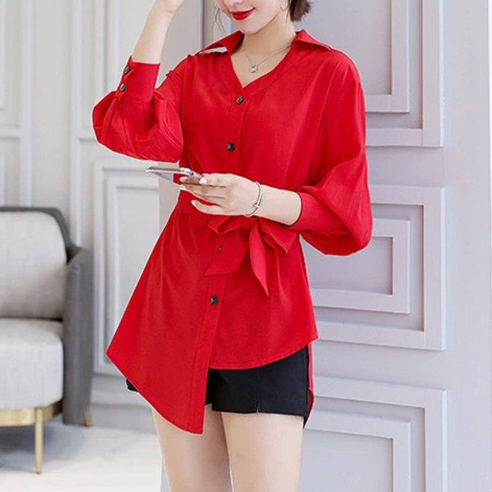 Damen Modische Hemdbluse mit Taillengürtel Drune